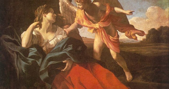 Painting of Hagar by a well with an angel talking to her