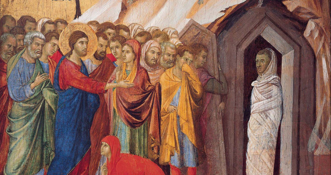 painting showing people surrounded the opening to a cave with lazarus standing at the entrance covered in linen